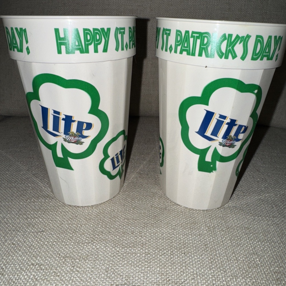 Set‎ Of 2 Vintage Miller Lite Happy St Patrick's Day Plastic Cups